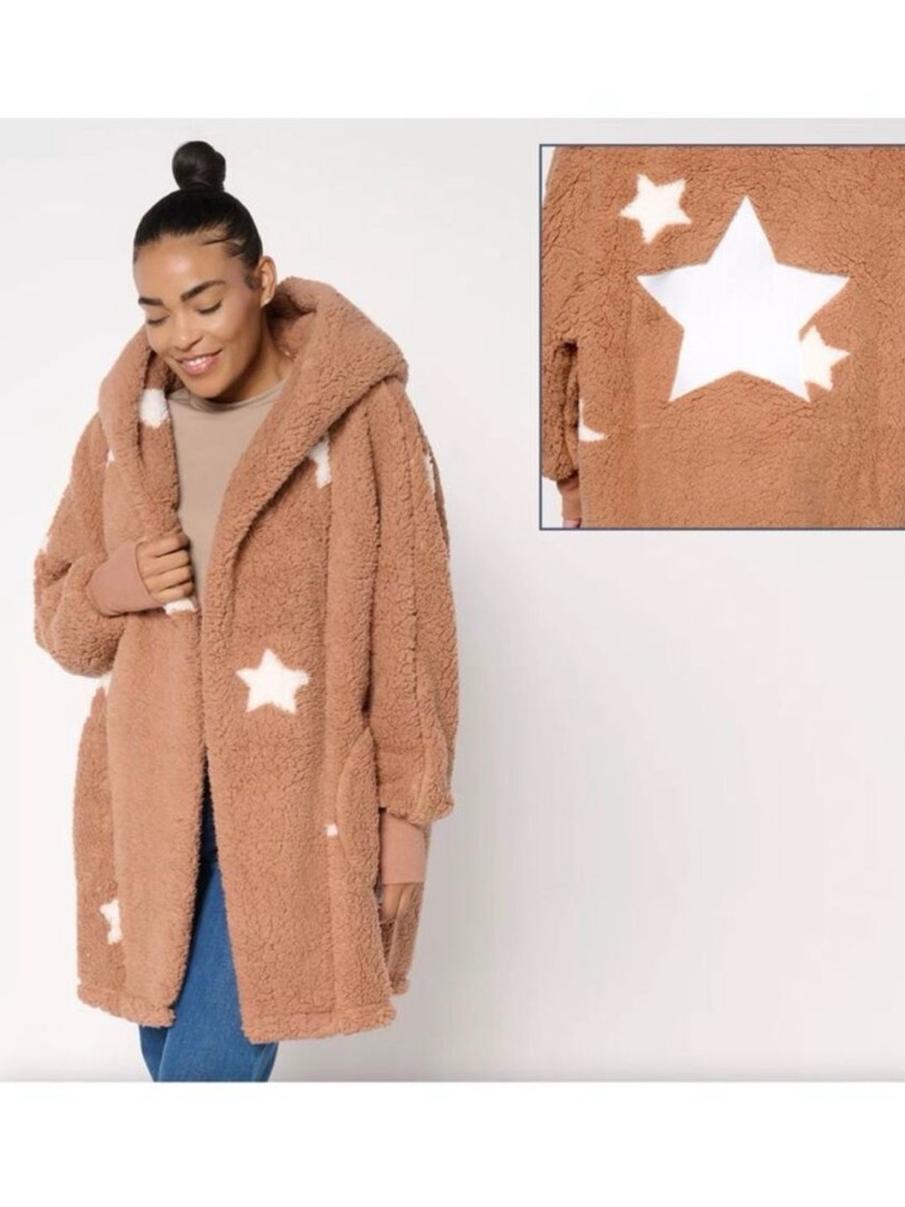 Star-Print Teddy Hooded Coat in Tan